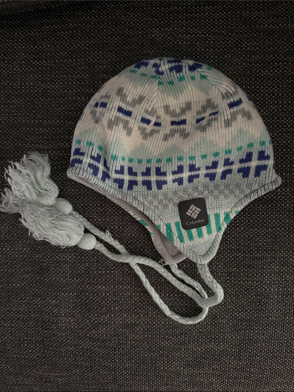 Columbia Gray Earflap Beanie with Blue & Teal Pattern